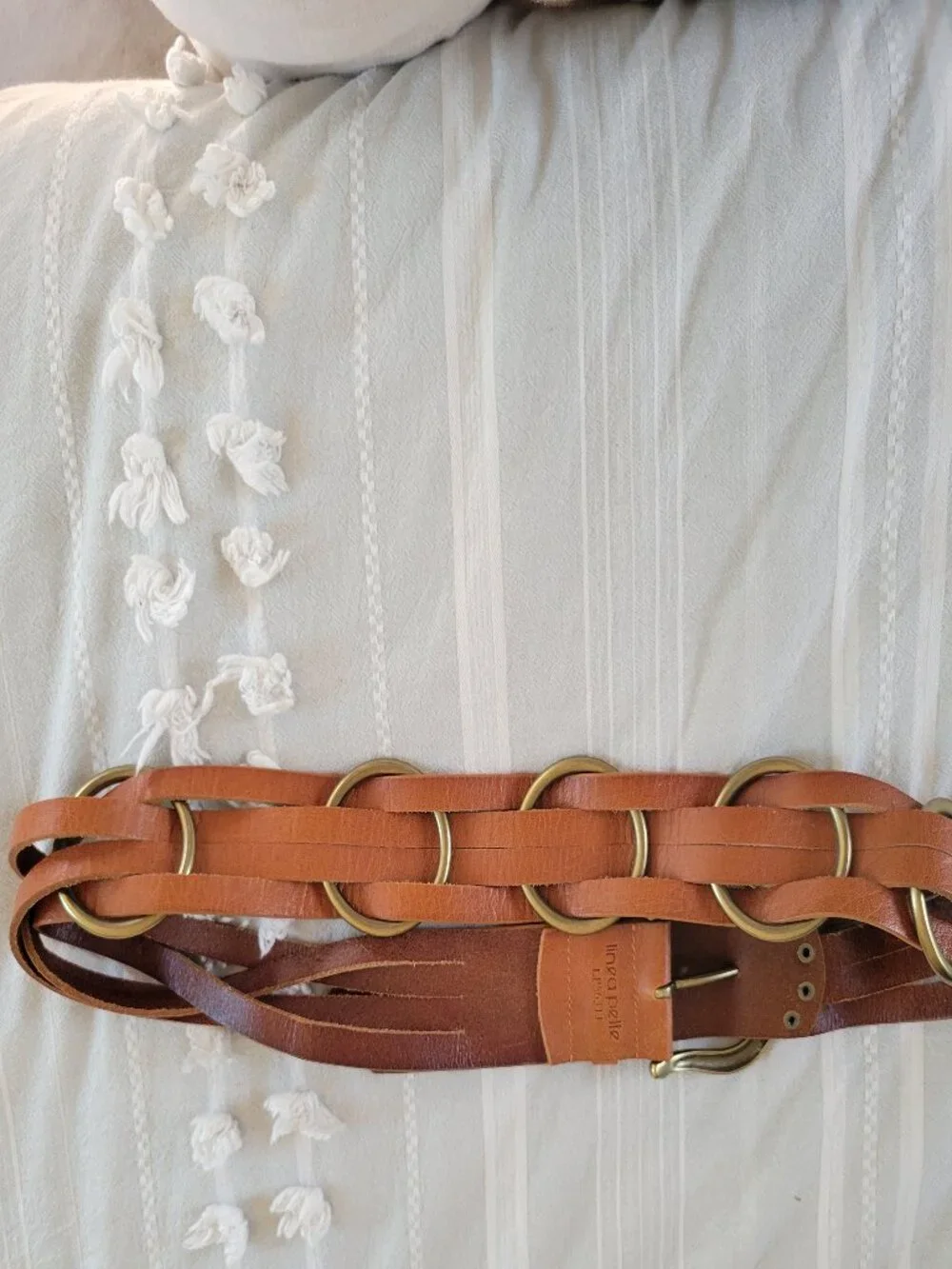 Boho Wide Multi-Strand Leather O-Ring Belt Cognac Brown Brass Hippie Chic
